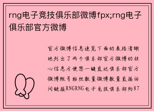 rng电子竞技俱乐部微博fpx;rng电子俱乐部官方微博