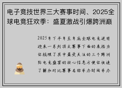 电子竞技世界三大赛事时间、2025全球电竞狂欢季：盛夏激战引爆跨洲巅峰对决 